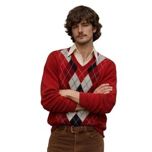 MERONA Red Argyle V Neck Merino Wool Sweater Preppy‎ Mens Size L
